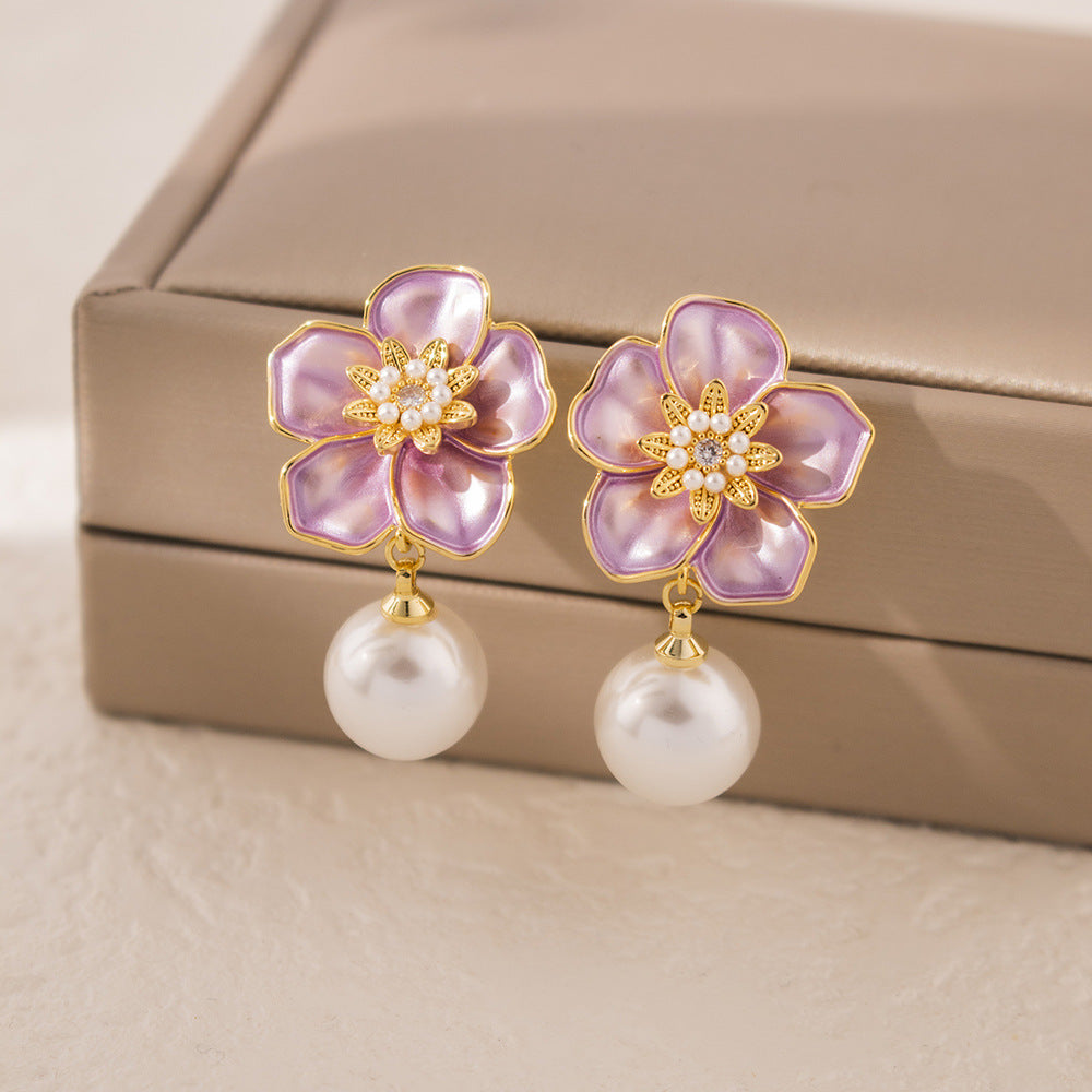 Wholesale Oil Camellia Pearl Earrings Retro  Luxury Earrings