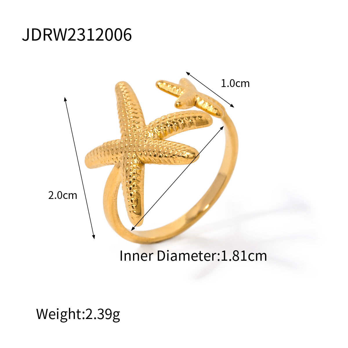 Wholesale 18K gold stainless steel starfish asymmetric ring