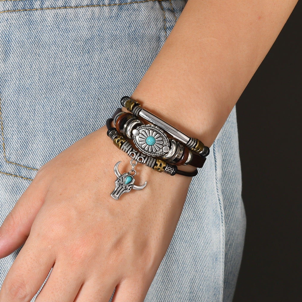 Wholesale Creative Ethnic Punk Style Beaded Leather Bracelet Handmade Unisex Fashion Accessory