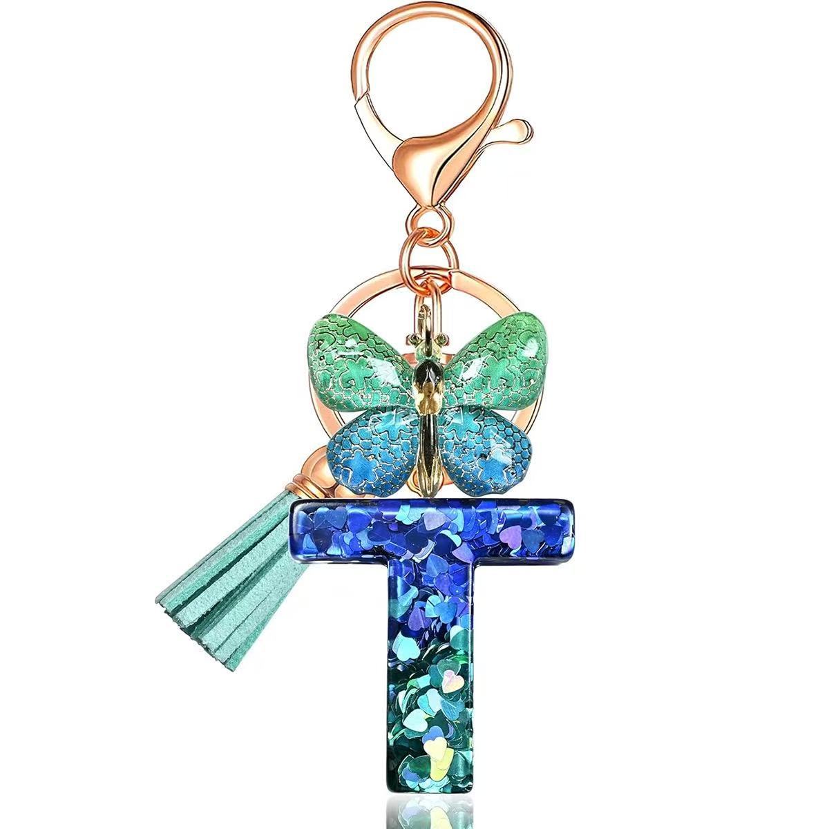 Wholesale Resin Alphabet Keychain With Butterfly Tassel Blue Gradient Vacation Style Fashion Accessory For Bags And Keys