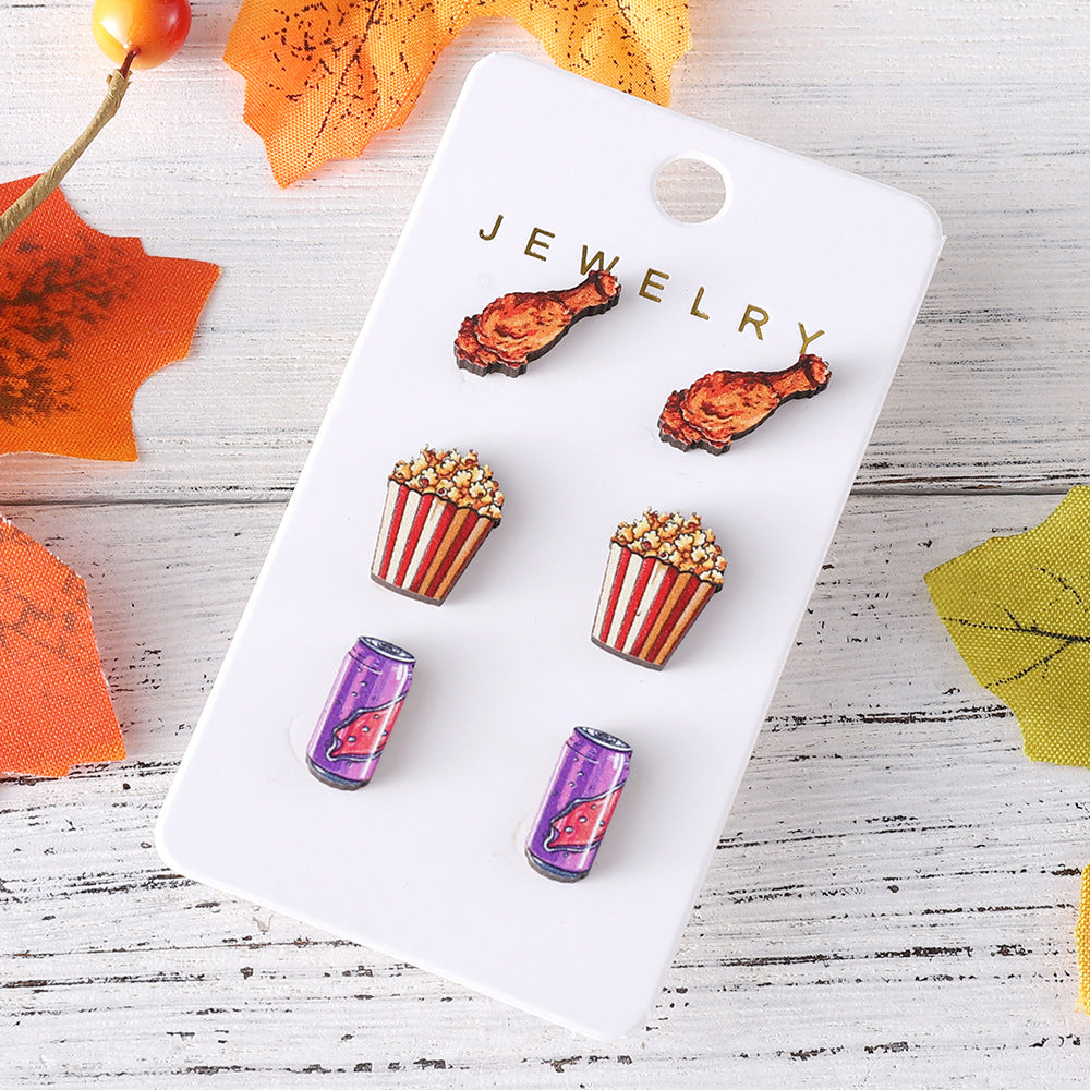 Wholesale  Hamburger Hot Dog Chicken Leg Popcorn Coke Food Earrings suit