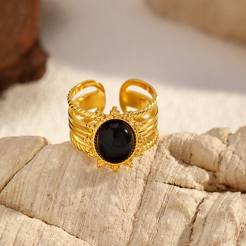 Wholesale retro obsidian open stainless steel ring
