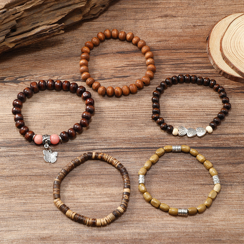 Wholesale 3PCS Western-style multi-layered wooden bead heart and butterfly bracelet