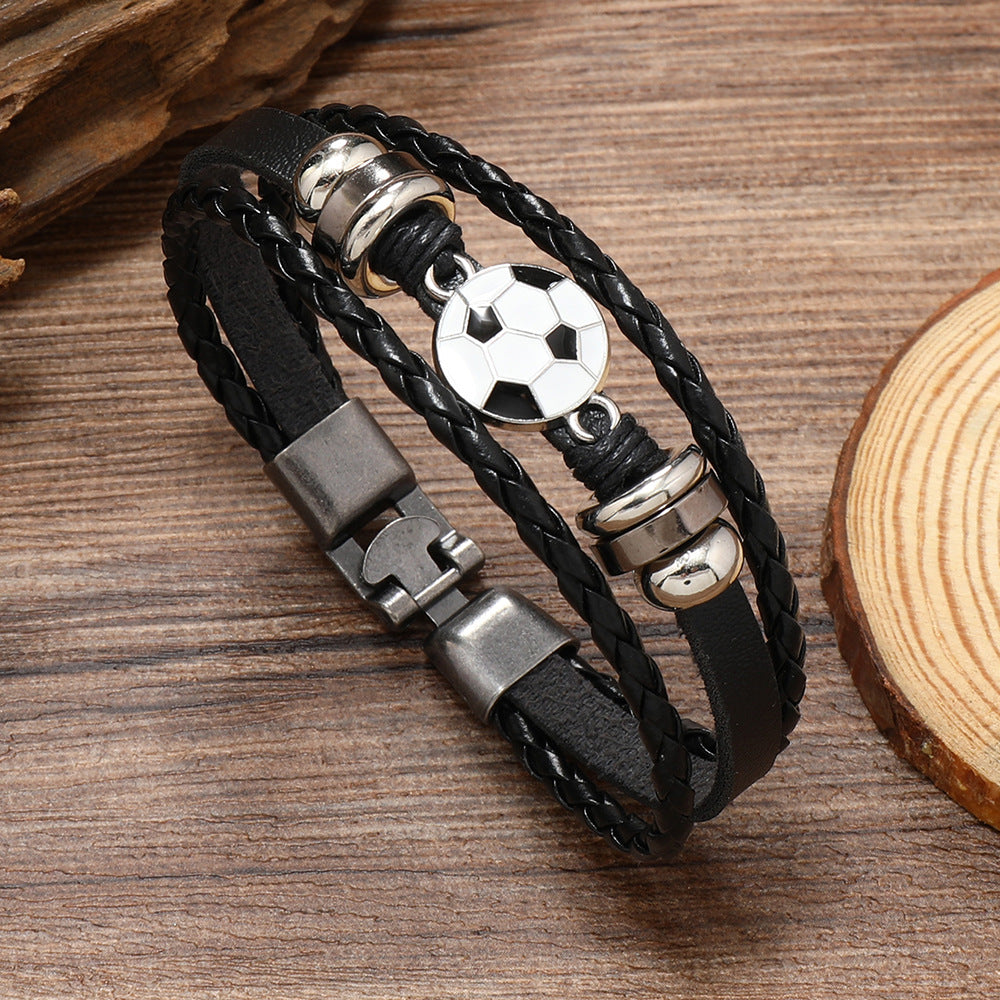 Wholesale Retro Soccer Basketball Volleyball Alloy Buckle Men S Multi Layer Braided Leather Beaded Bracelet Fashion Jewelry Accessory