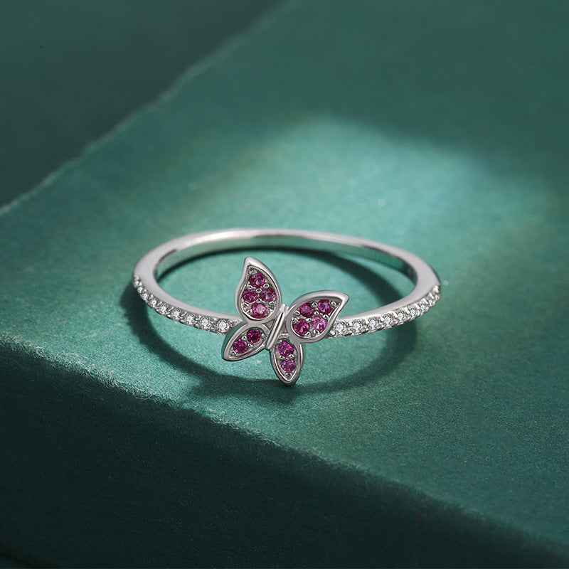 Wholesale S925 Sterling Silver Butterfly Pink Diamond Ring