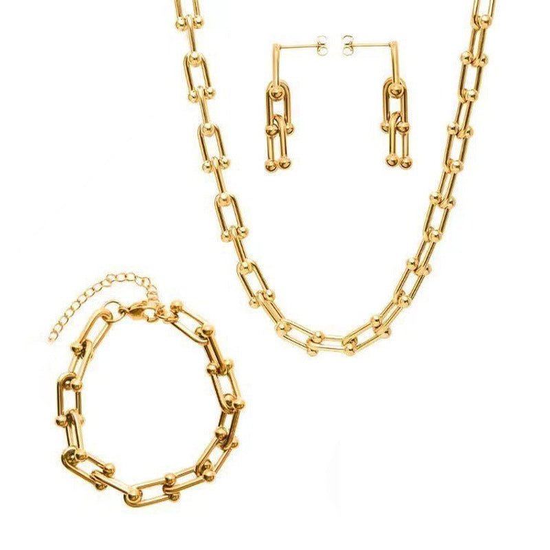 Wholesale Stainless Steel U Shape Chain Heart Shape Pendant Necklace Bracelet Earring Set ACC-BT-QianHui004