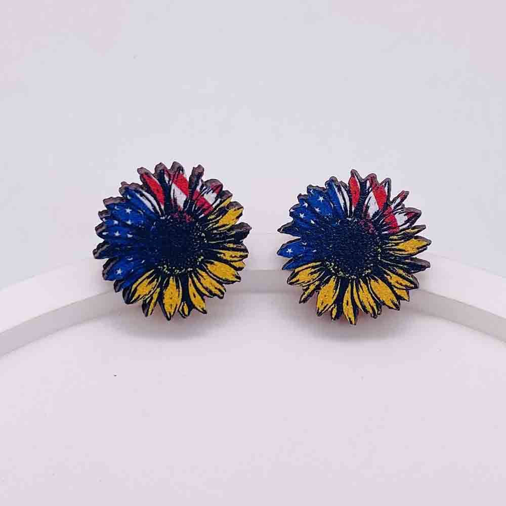 Wholesale American Flag Independence Day Wooden Stud Earrings Heart Shape Pentagram Sunflower Earrings ACC-ES-Cheny007