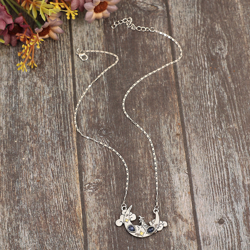 Wholesale Retro style crescent-shaped carved star cloud cat alloy Bohemian necklace