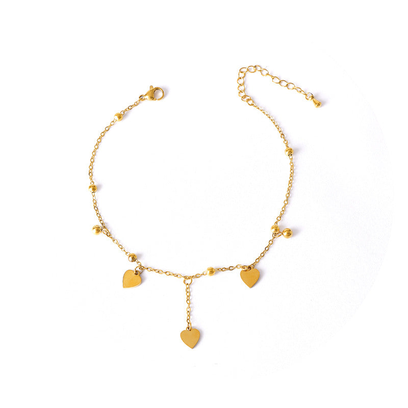 Wholesale bead love tassel anklet stainless steel plating 18k gold color heart-shaped anklet