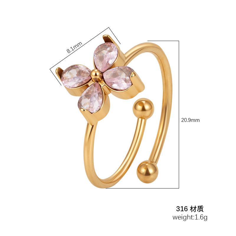 Wholesale Modern Flower Zircon Stainless Steel Adjustable Open Ring Boutique Resale Jewelry
