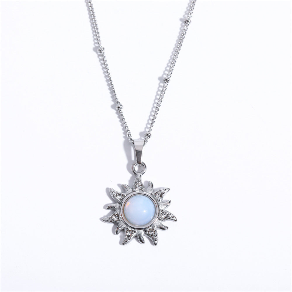 Wholesale Natural Opal Sun Pendant Necklace Vintage Clavicle Chain Stainless Steel ACC-NE-HS021