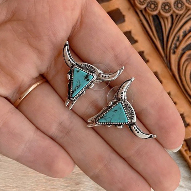 Wholesale Western Style Cow Head Turquoise Alloy Earrings ACC-ES-SaiPu003