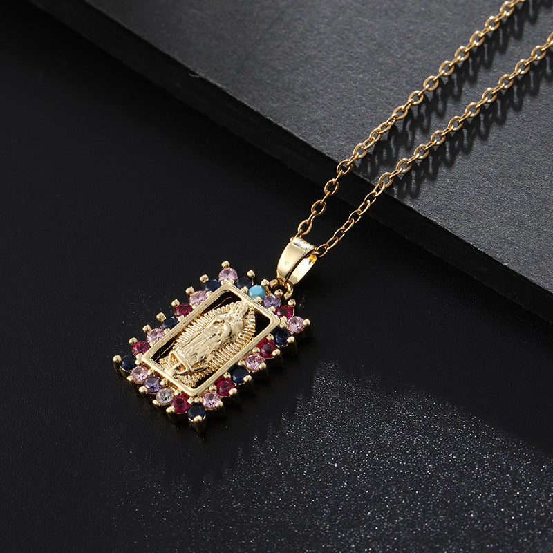 Wholesale Gold Plated Virgin Mary Cross Pendant Choker Necklace Colorful Zircon Fashion Jewelry Accessory For Gift