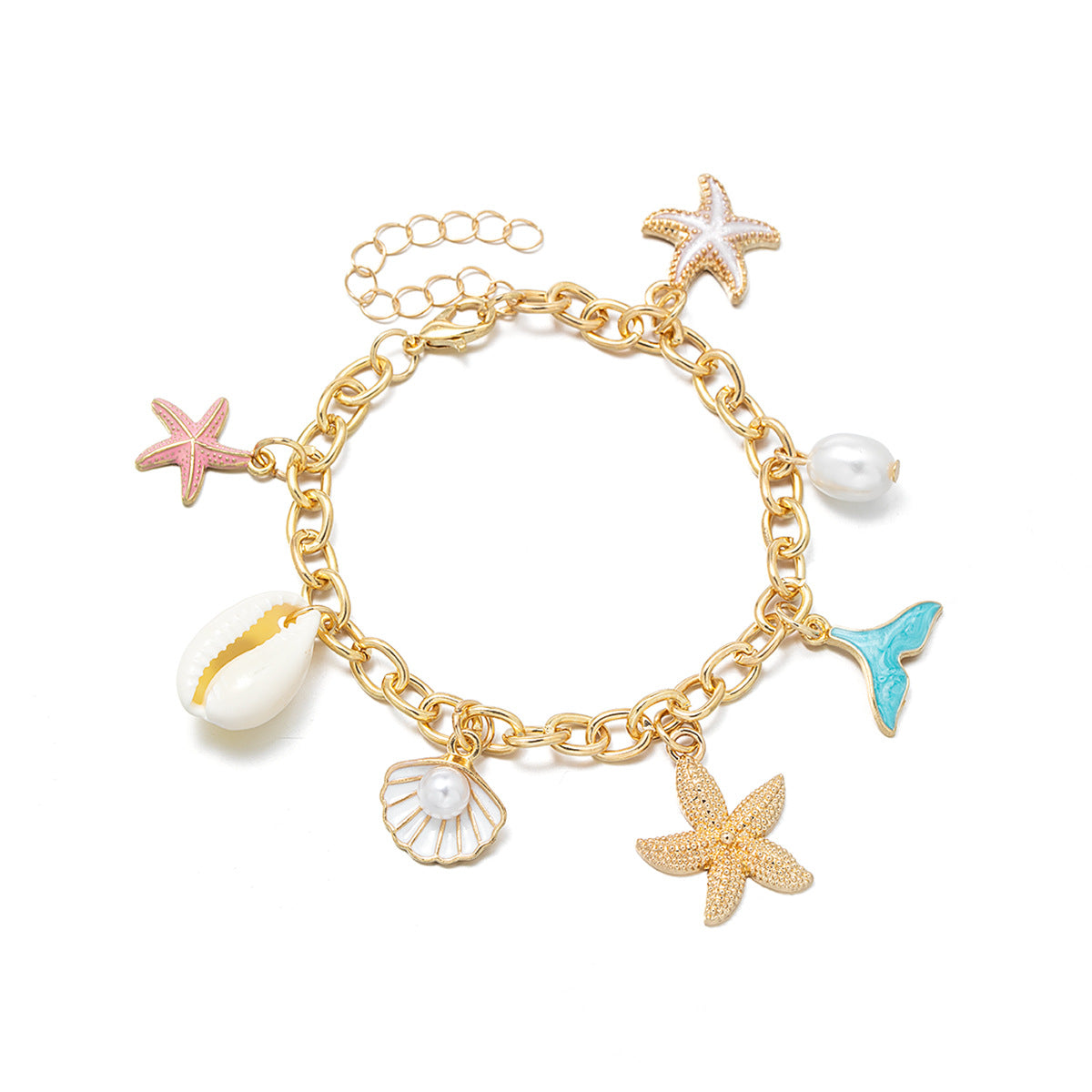 Wholesale Bohemian Ocean Style Alloy Starfish Shell Mermaid Tail Pearl Pendant Adjustable Bracelet