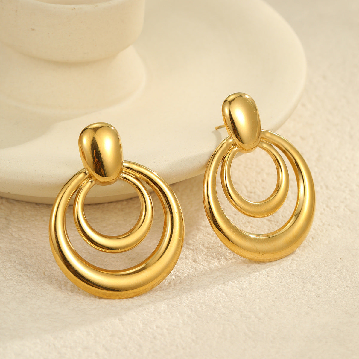 Wholesale Retro Elegant Stainless Steel Gold Color Double-Layer Cut Out Earrings
