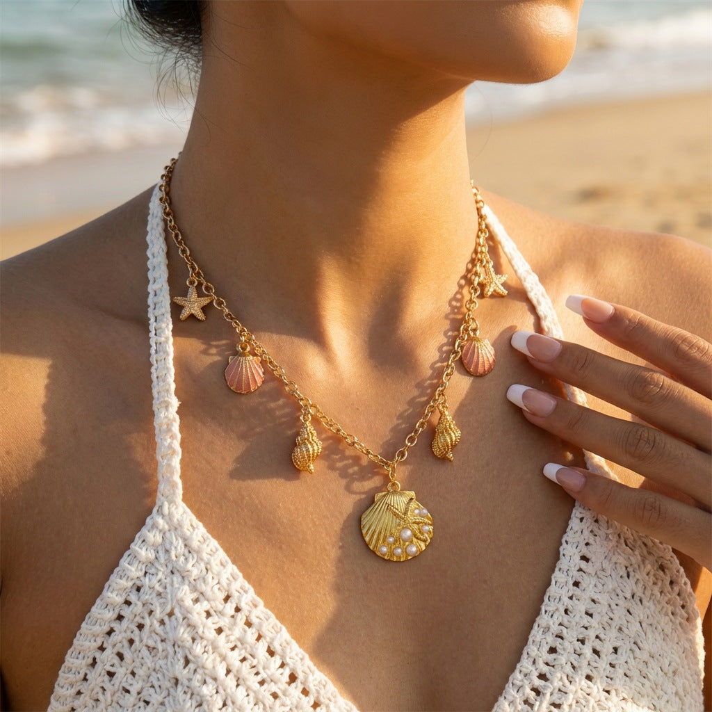 Wholesale Summer Vacation Style Starfish and Seashell Beach Necklace