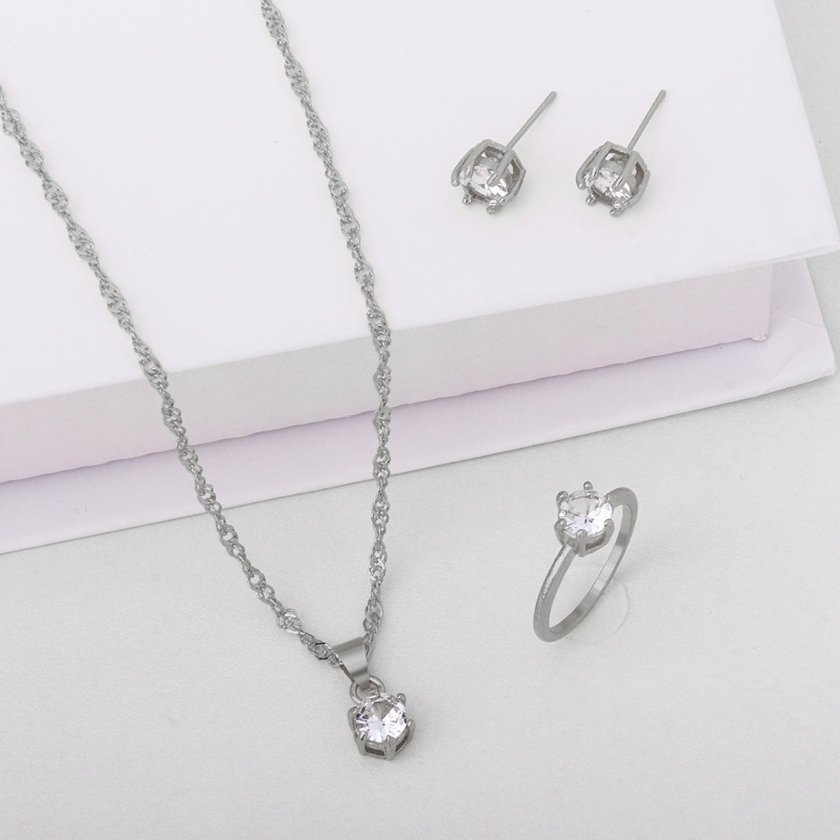 Wholesale round six-claw zircon  full diamond necklace ring earring three-piece set