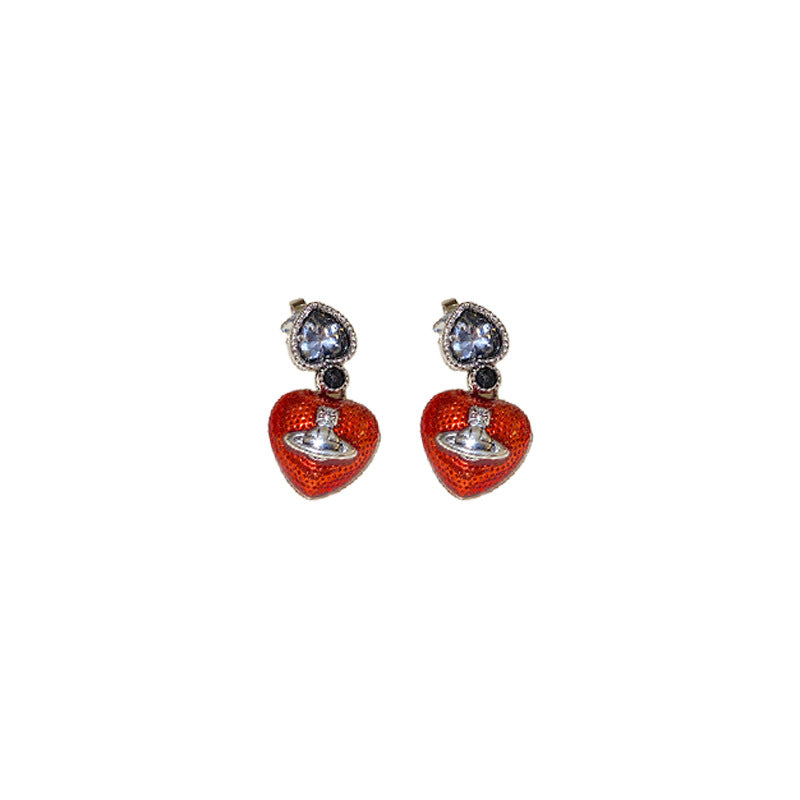 Wholesale Silver Needle Diamond Dropping Oil Love Planet Earrings