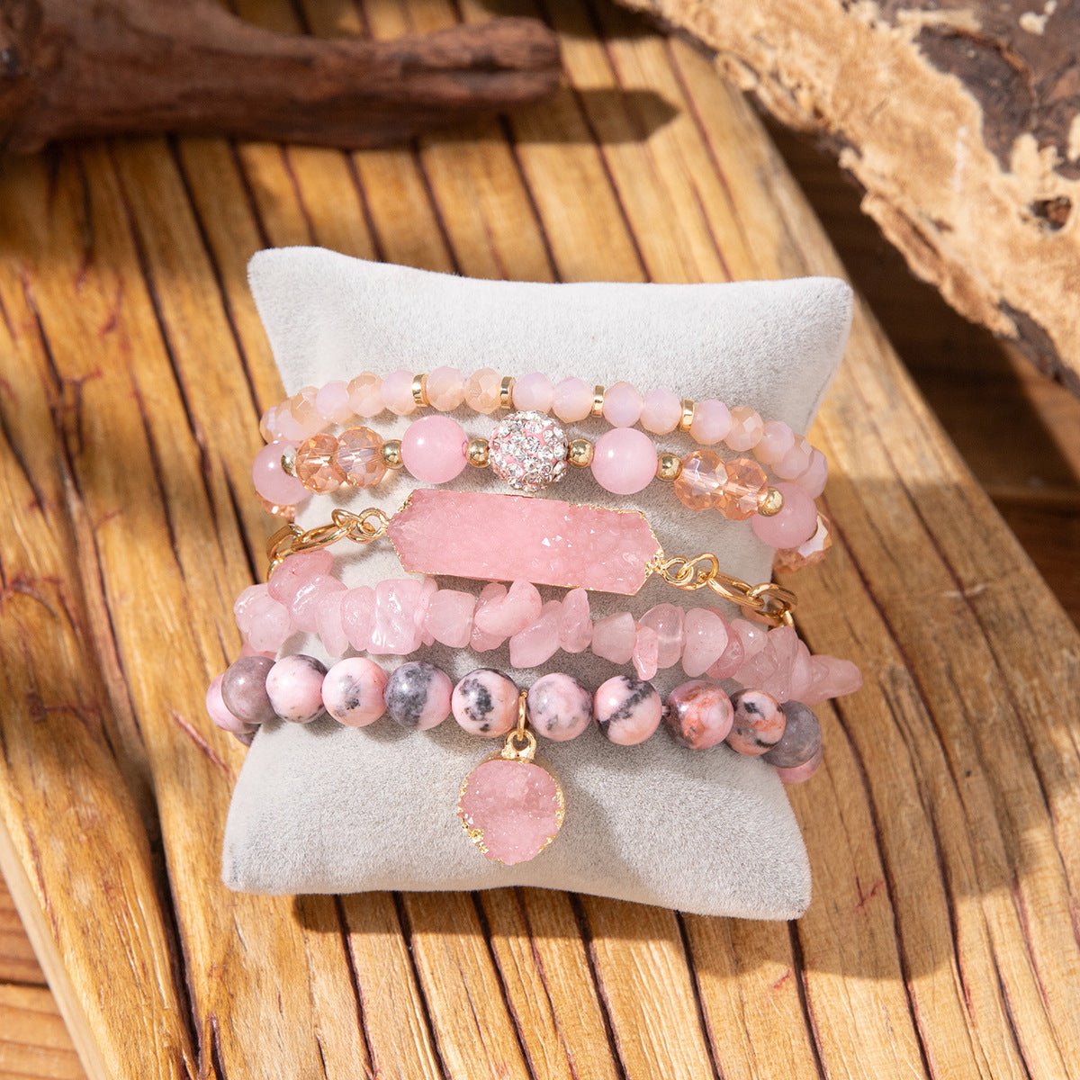 Wholesale 5pcs/set Crushed Rose Quartz Bohemian Beaded Bracelet Set