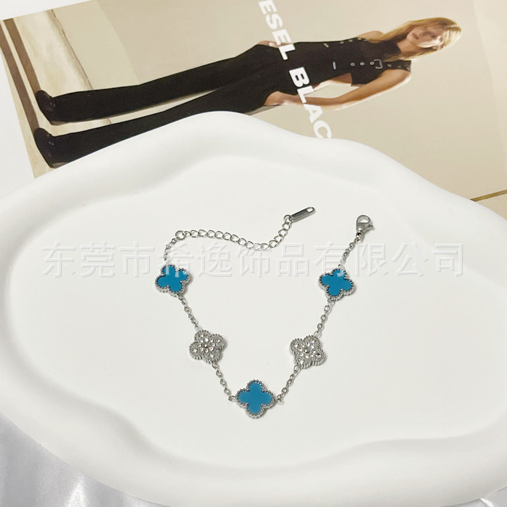 Wholesale Trendy Four-Leaf Clover Rhinestone Bracelet Titanium Steel Jewelry for Office Ladies Everyday Wear Gift