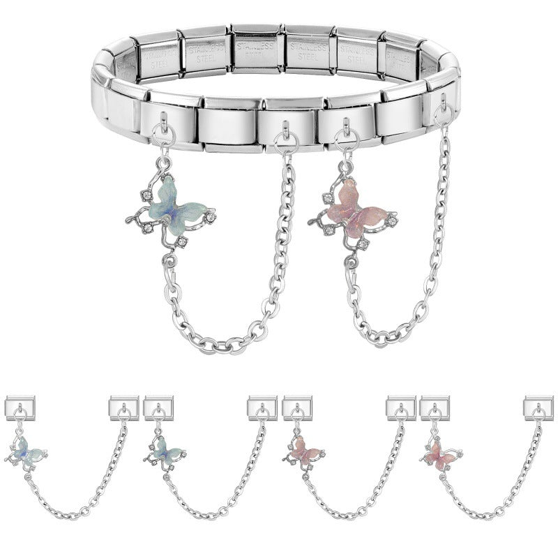 Wholesale 9mm Italian Charm Starter Bracelets DIY Butterfly Double Hanging Style Stainless Steel Composable Bracelet