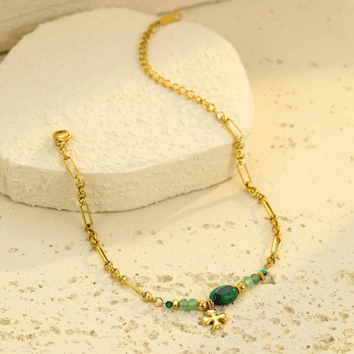 Wholesale  Stainless Steel Mineral Blue Gemstone Four-Leaf Clover Pendant Bracelet