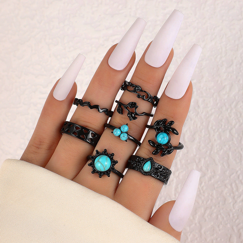 Wholesale Fashion Ring Set Spiral Stacking Black Gemstone Design Alloy Jewelry Accessory for Everyday Wear