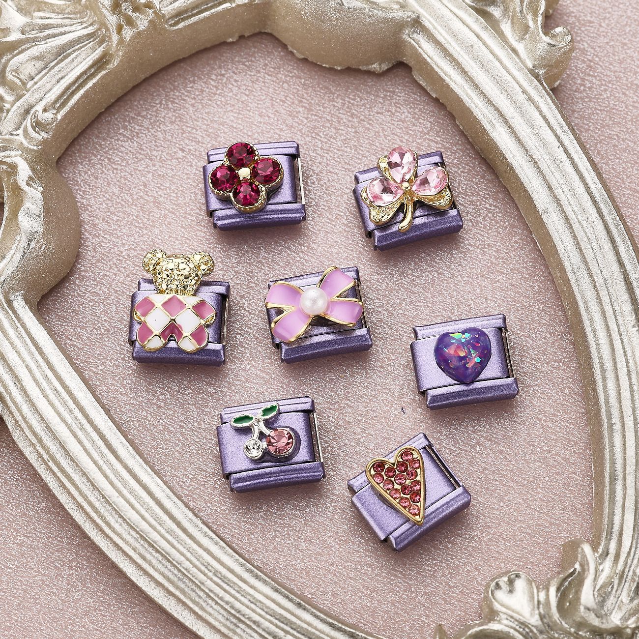 Wholesale 10pcsElegant Fashion Light Purple Italian Module Bow Flower Design DIY Stainless Steel Bracelet Accessories