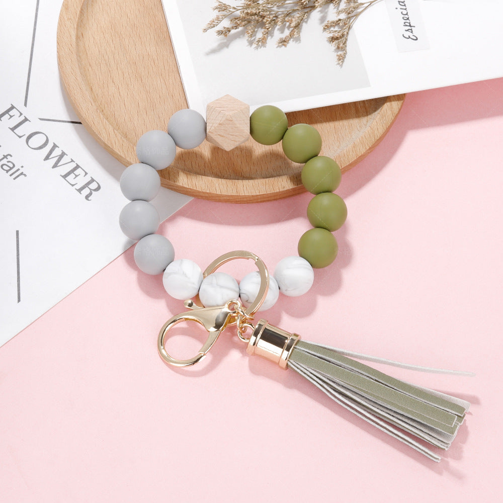 Wholesale Wristlet Keychain Silicone PU Beaded Leather Tassel