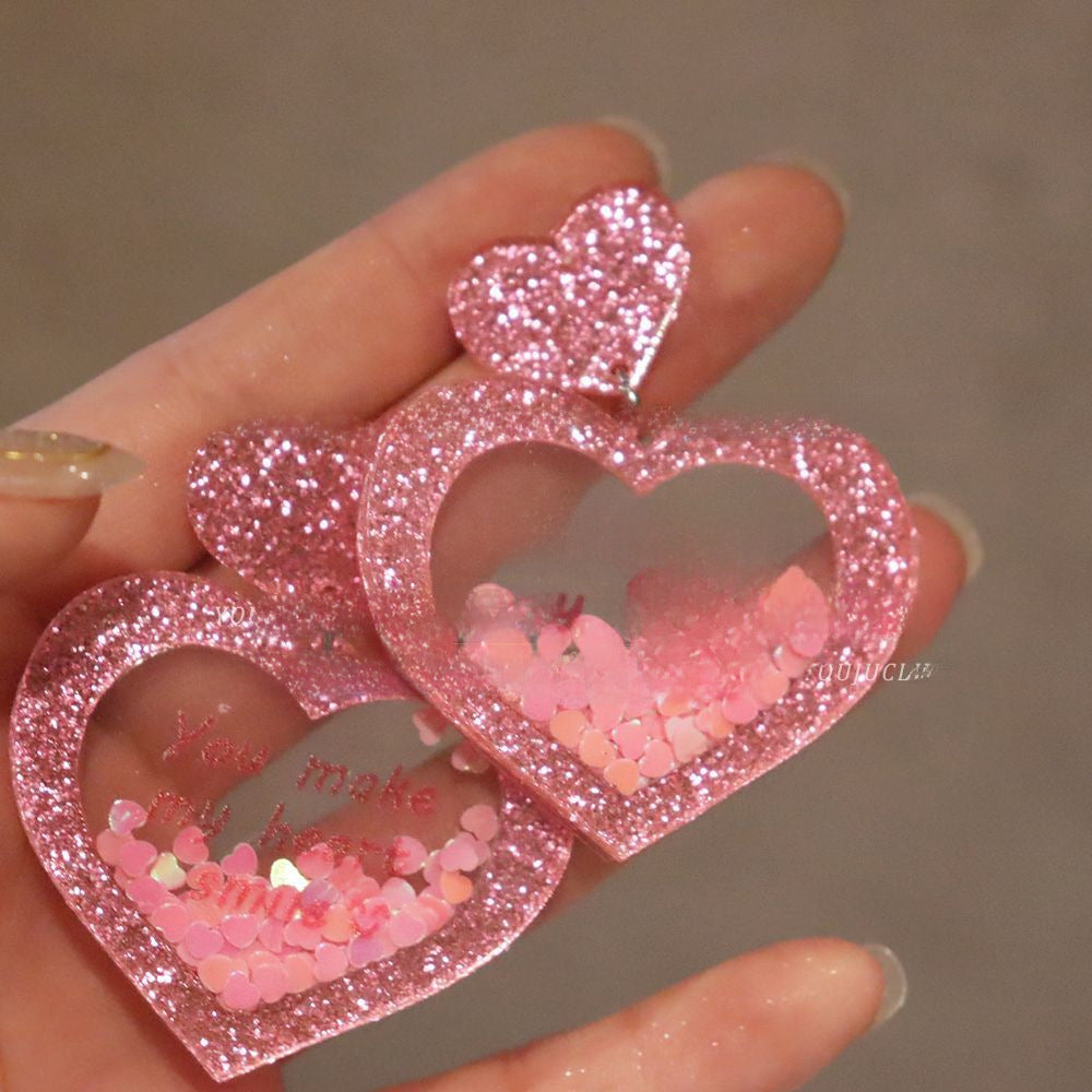 Wholesale Valentine's Day Love Acrylic Stereo Sequins quicksand Peach Heart Earrings