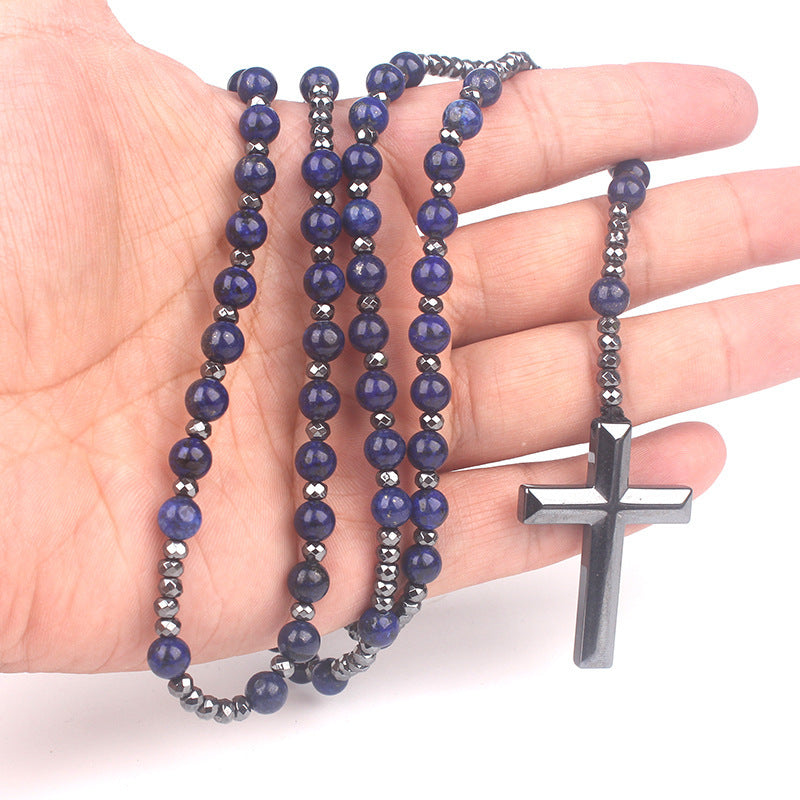 Wholesale Religious Gallstone Cross Pendant Natural Black Glitter Obsidian Lapis Necklace