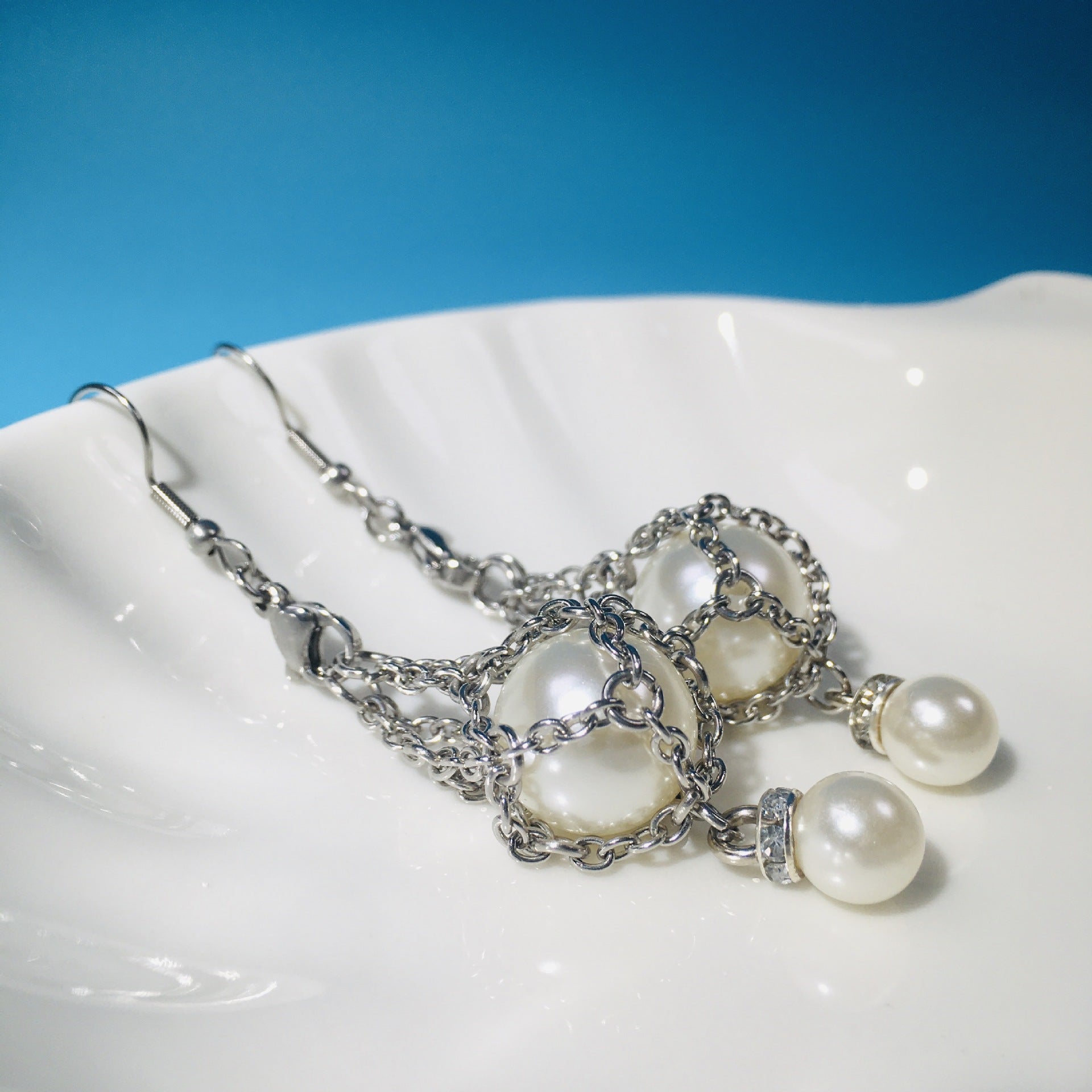 Wholesale Replaceable Crystal Natural Stone Adjustable Metal Mesh Earrings Pearl Pendant ACC-ES-RongGuan002