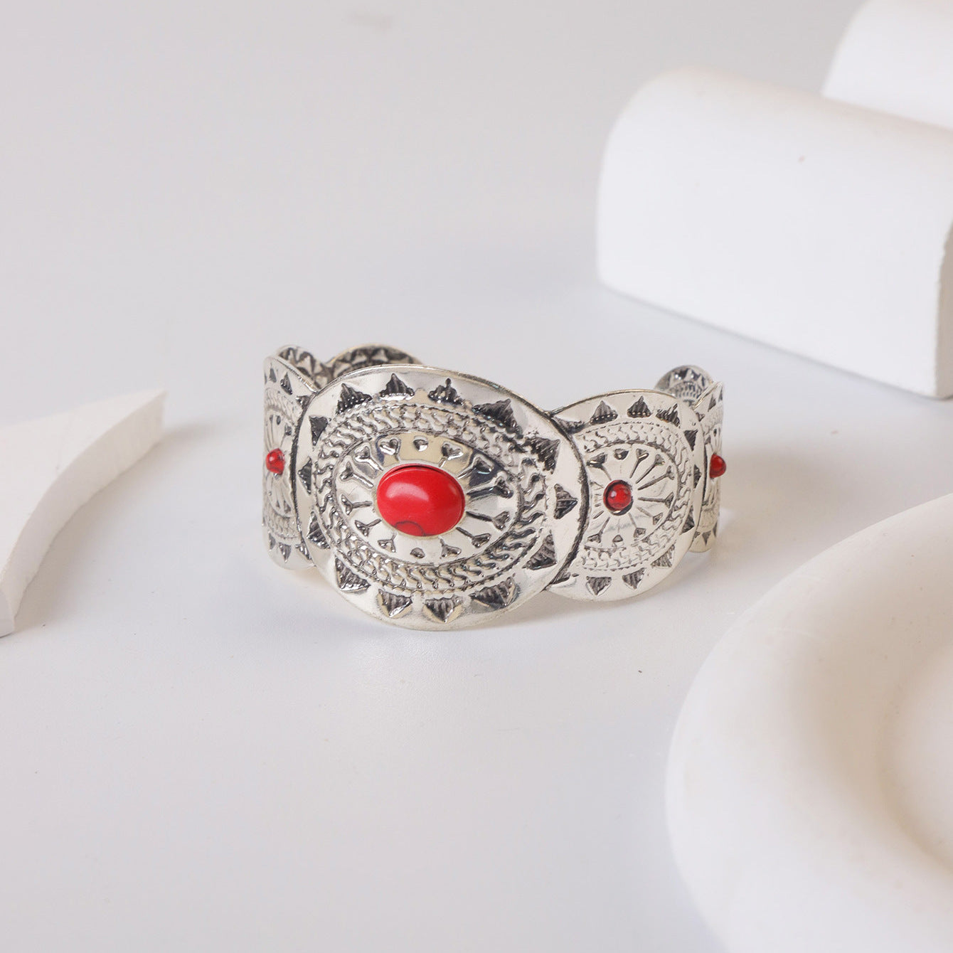 Wholesale Silver Tone Turquoise Inlay Vintage Open Adjustable Bracelet Women Fashion Jewelry Accessory