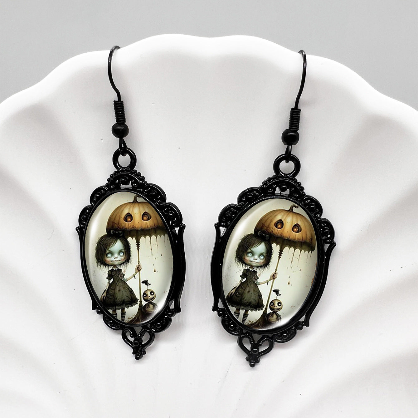 Wholesale Halloween Crow Skull Oval Lace Witch Pumpkin Black Cat Moon Metal Earrings ACCVIP-ES-XiangLian006