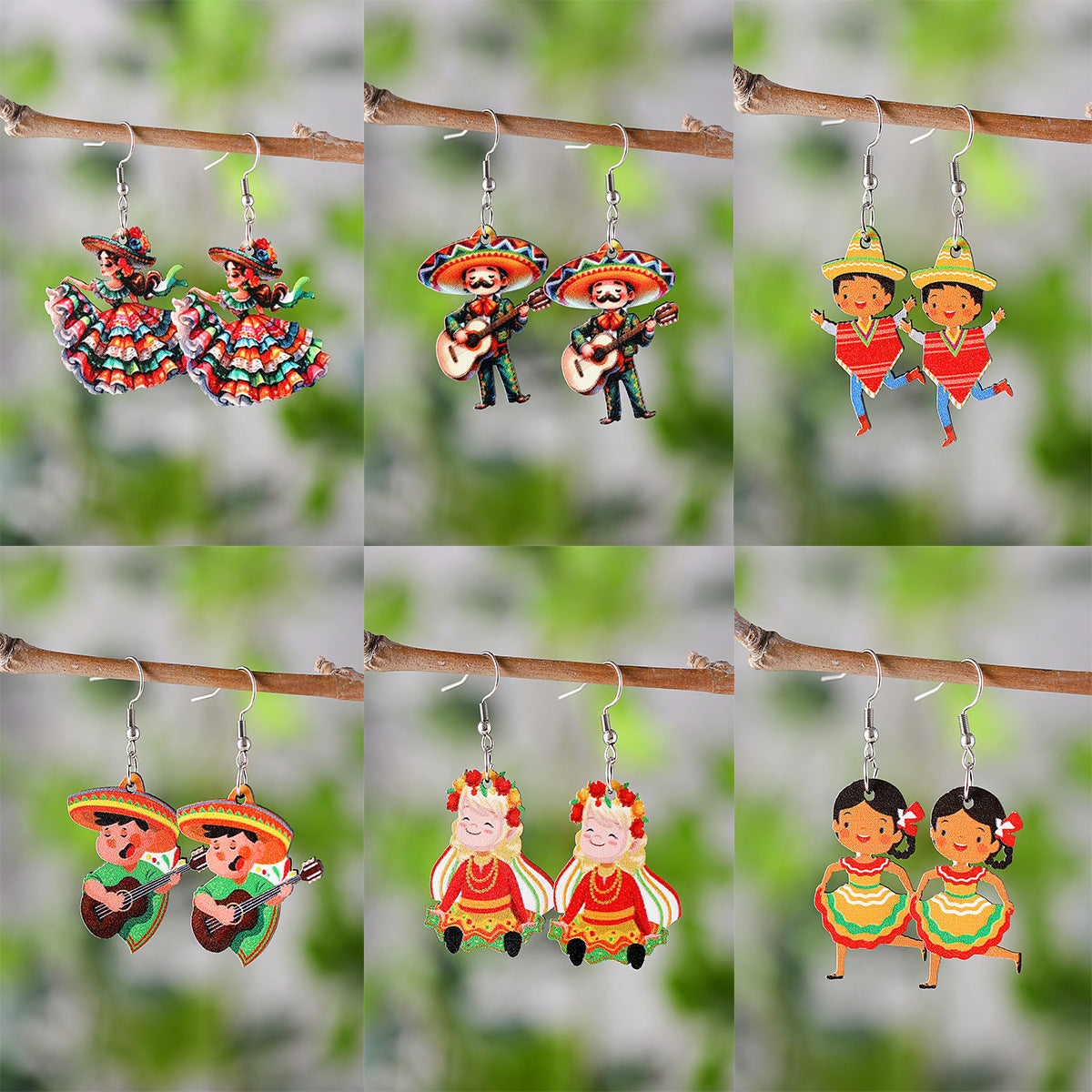 Wholesale Mexico Fifth Dead Festival Straw Hat Guitar Dancer Pendant Earrings