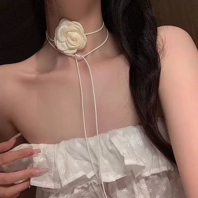 Wholesale Handmade Fabric Flower Choker Necklace With Wax Rope Trendy Jewelry Accessory For Women Gift