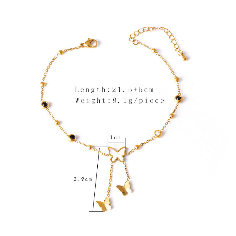 Wholesale Titanium Steel Plated 18K Gold Tassel Butterfly Anklet