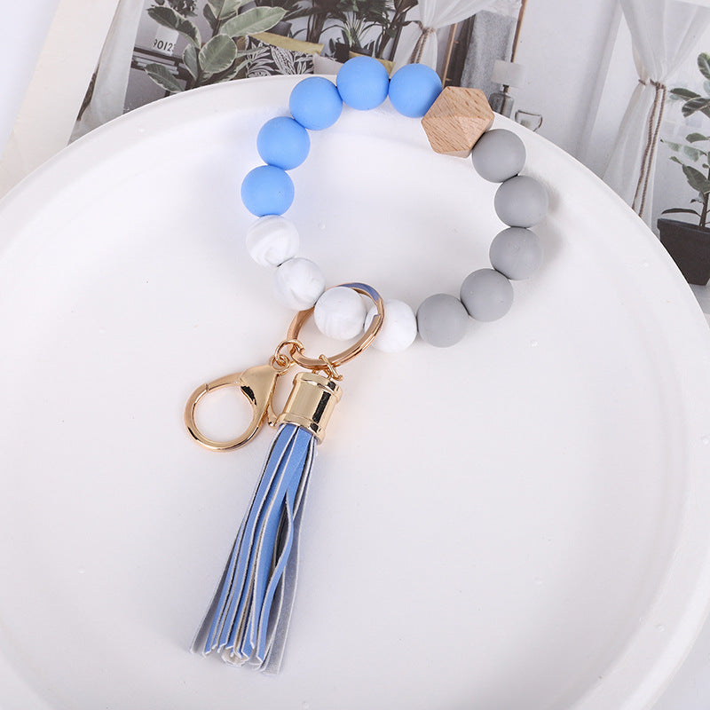 Wholesale Trendy Silicone Bead Bracelet With Tassel Wooden Bead Keychain Natural Geometry Style Chic Jewelry Accessory Gift