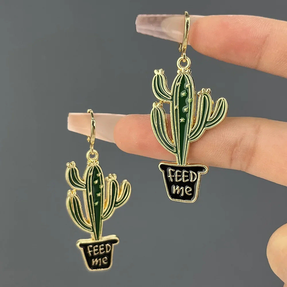 Wholesale Zinc Alloy Drop Oil Leaf Cactus Earrings Trendy Jewelry Accessory for Everyday Wear
