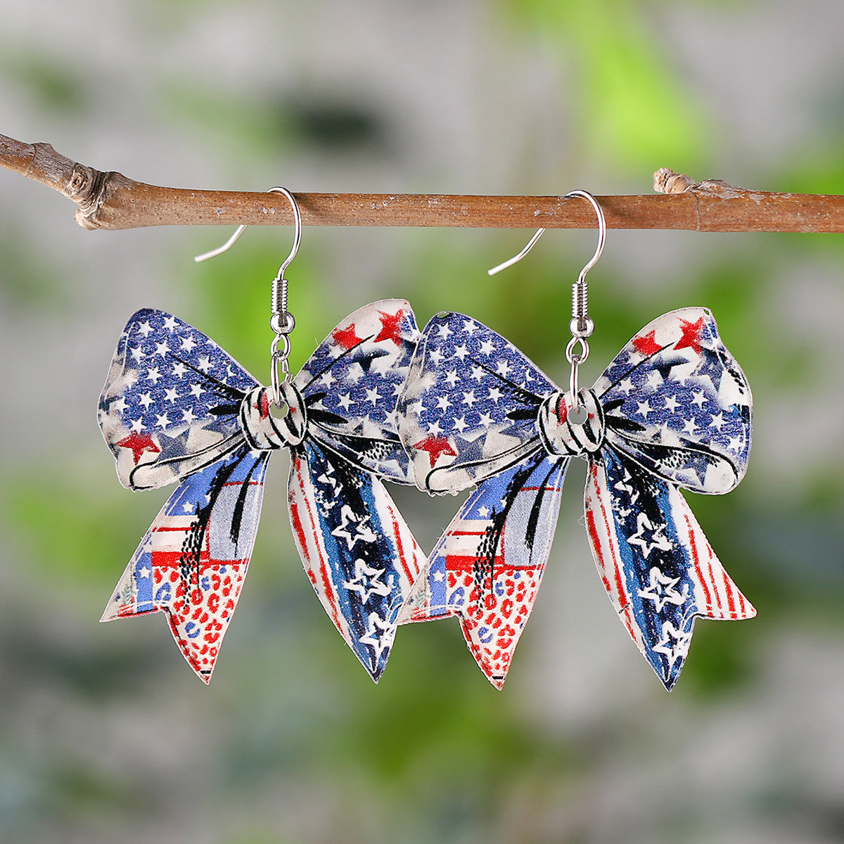 Wholesale Independence Day Red, White and Blue Bow Cherry American Flag Earrings