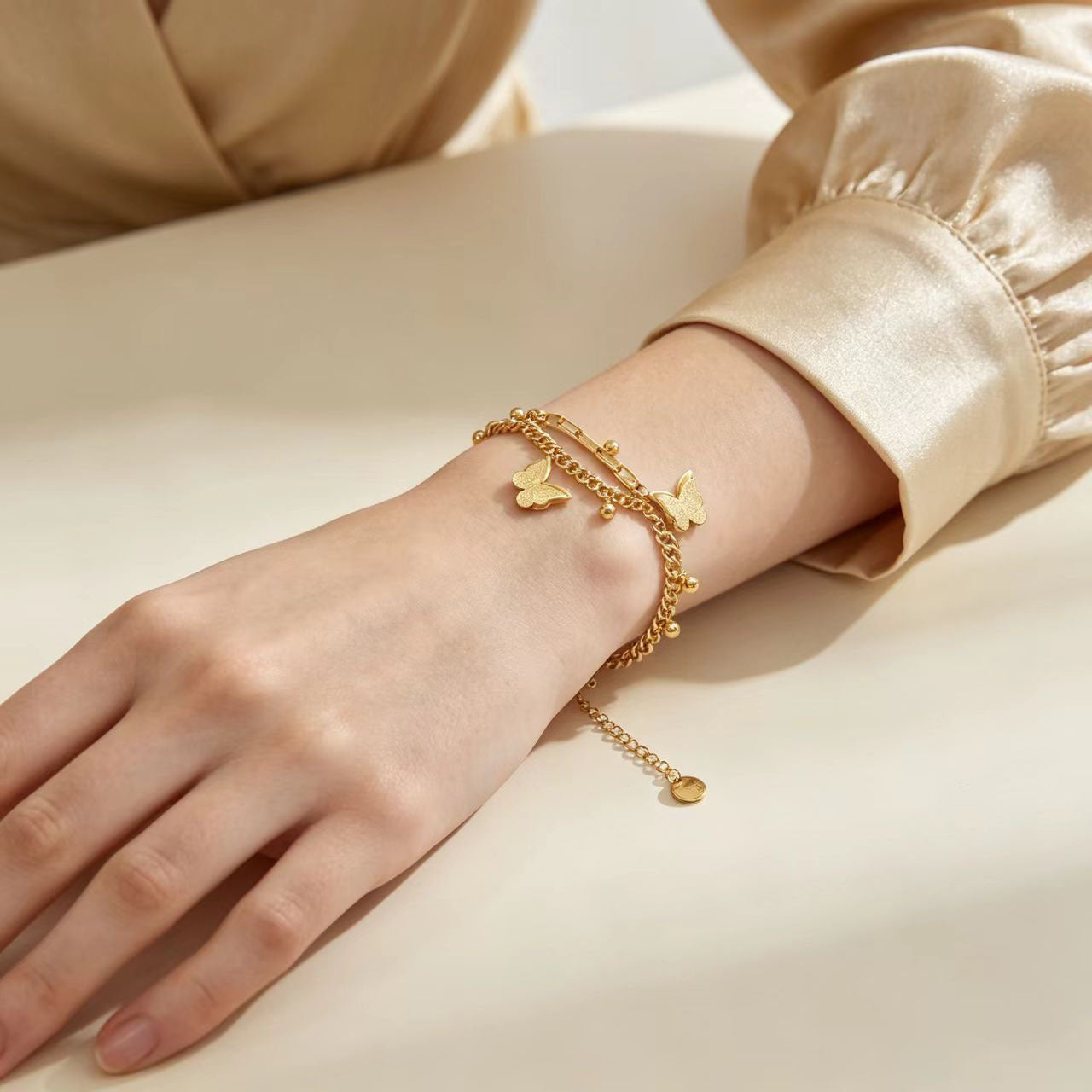 Wholesale Butterfly Matte Titanium Steel Double Layer Chain Bracelet With Gold Beads Women S Jewelry Accessory For Everyday Wear And Boutique Resale