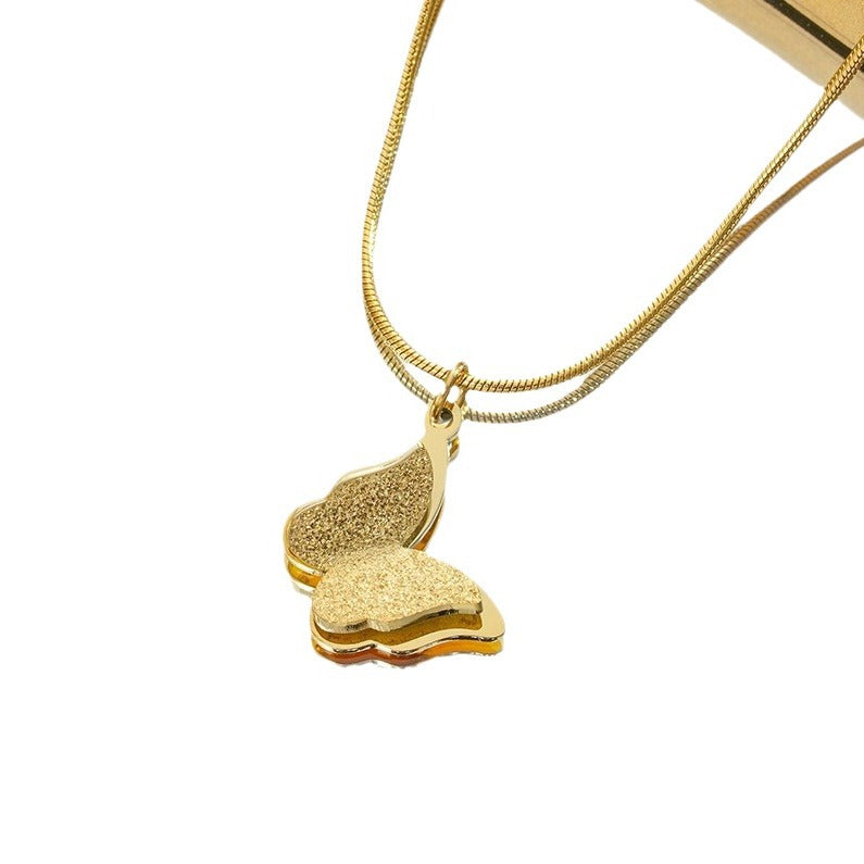 Wholesale Korean Style Titanium Steel Butterfly Pendant Necklace Frosted Electroplated Jewelry Accessory