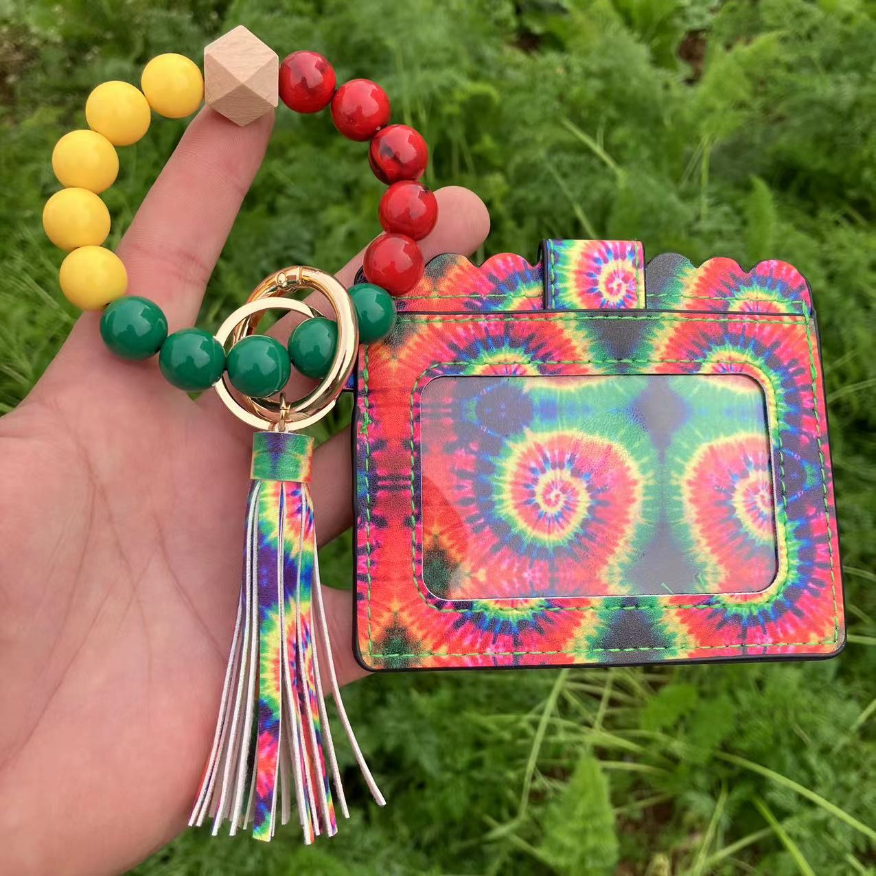 Wholesale Leopard Plaid Western Style Card Holder Silicone Beaded Wristlet Keychain ACC-KC-QiuXue011