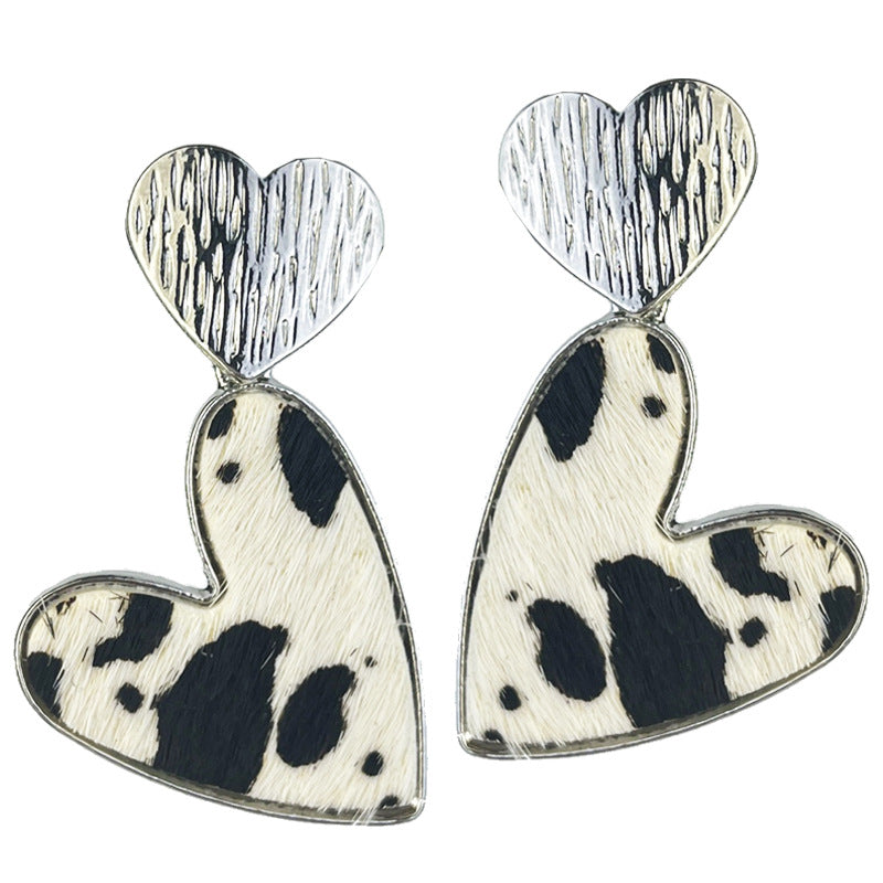 Wholesale 2 Pairs/pack Metal Love Heart Western Style Cow Print Leopard Print Alloy Earrings ACC-ES-HY136