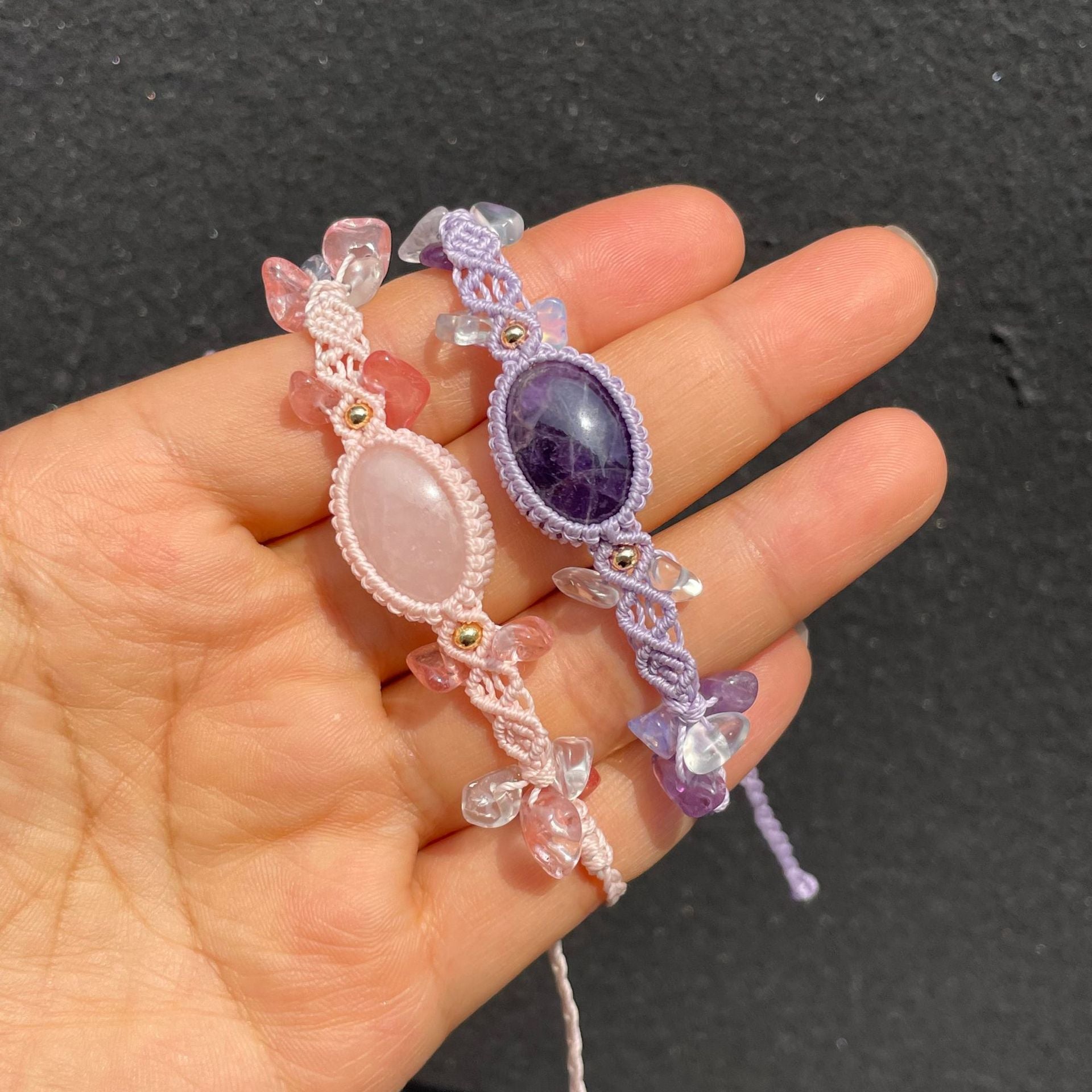 Wholesale Handmade Crystal Bracelet Amethyst Quartz Chips Macrame Wax Thread Women Fashion Jewelry Accessory
