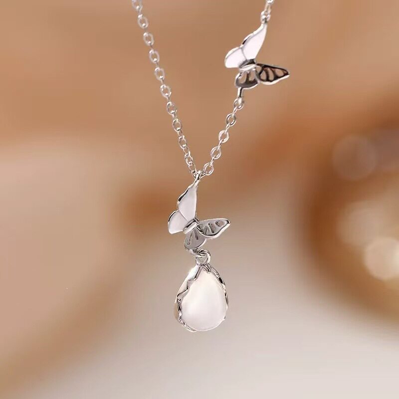 Wholesale Pink Water Drop Butterfly Necklace Alloy Glass Pendant Fashion Jewelry Accessory Gift