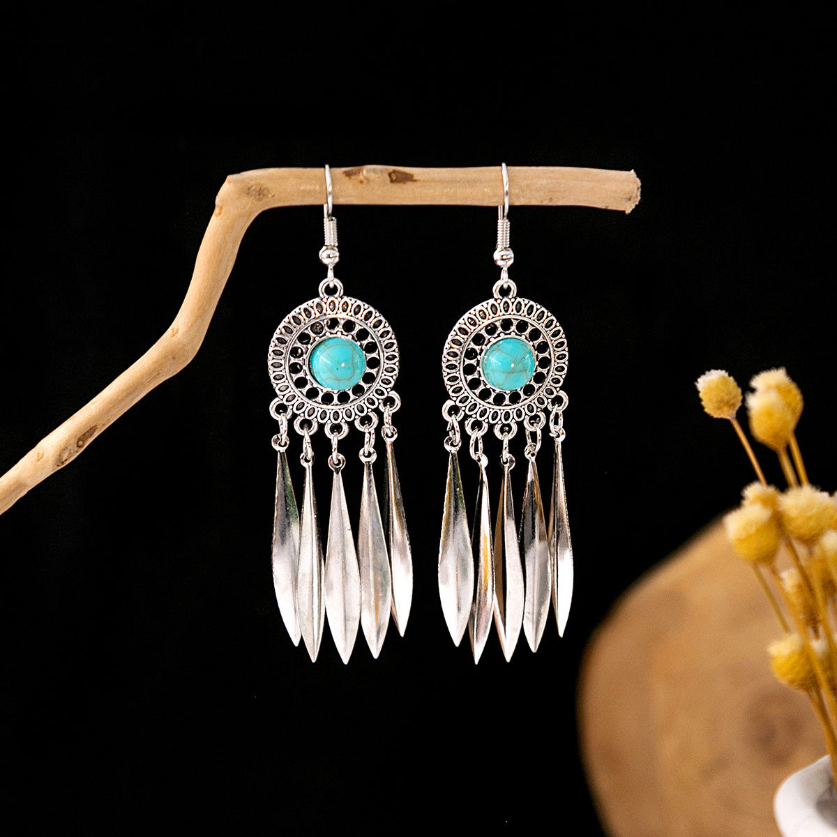 Wholesale Retro Ethnic Style Blue Turquoise Hollow Ring Flower Tassel Earrings Jewelry Accessory