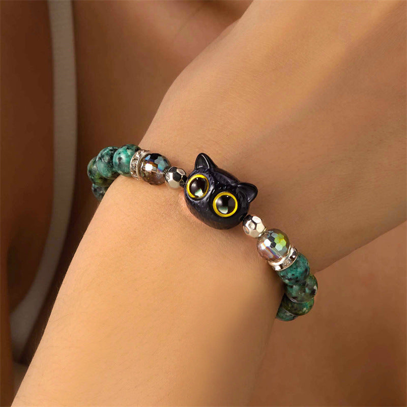 Wholesale Black Cartoon Kitten Natural Stone Beaded Bracelet ACC-BT-YingHao005