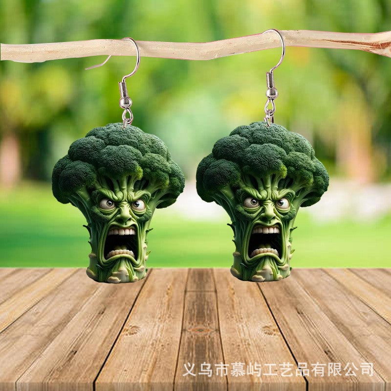 Wholesale Angry Vegetable Cartoon Broccoli 2D Acrylic Earrings