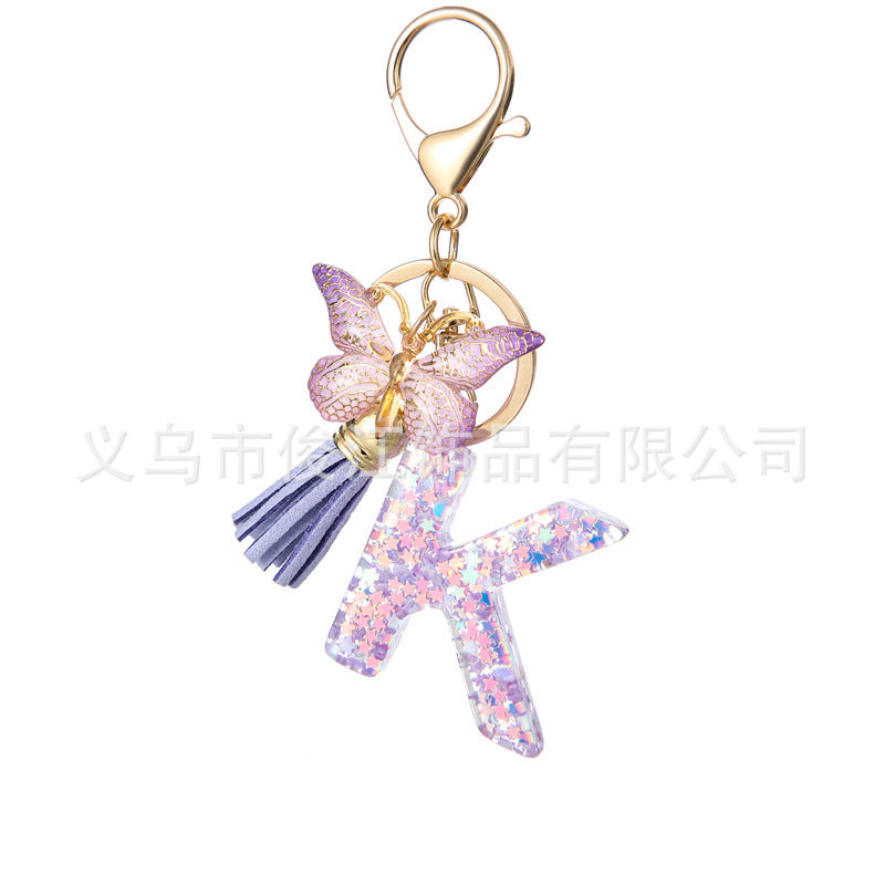 Wholesale Purple Star Tassel Resin Keychain 26 English Letters Bag Charm For Women Students Fashion Decorative Accessory